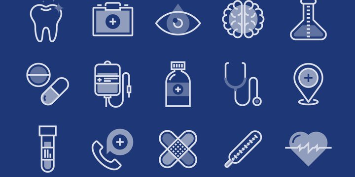 grouping of icons related to health careers in blue and white