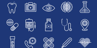 grouping of icons related to health careers in blue and white