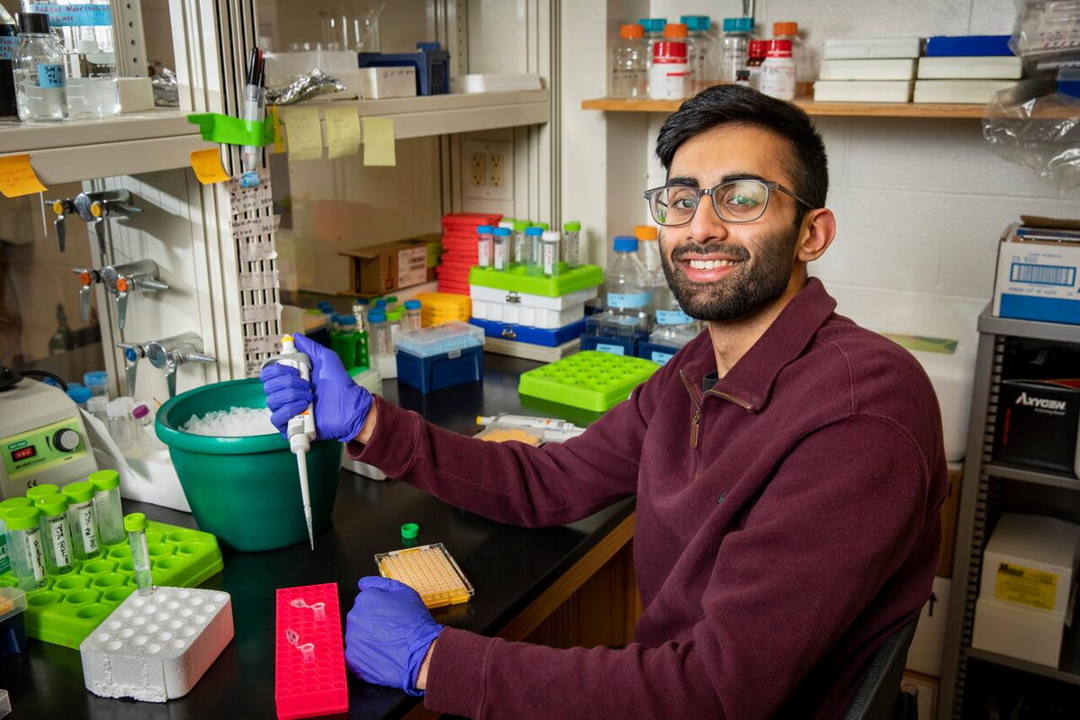 MCB major at bench in faculty lab
